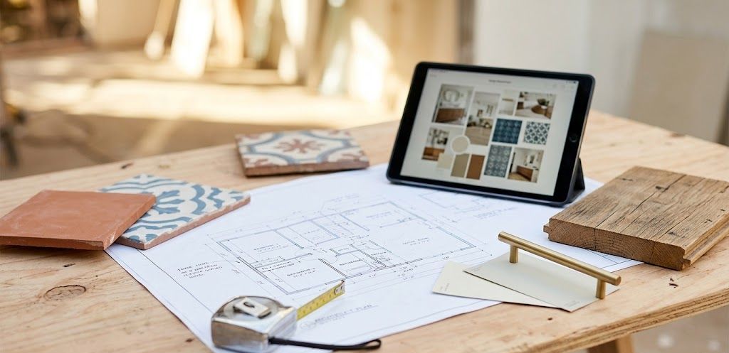 Close-up of blueprints and sample materials like reclaimed wood, tile swatches, and a brass cabinet pull on a wooden table, under warm natural daylight.